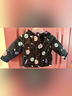 Cat & Jack Black Hooded Jacket with Purple & Teal Planet Print 12 months